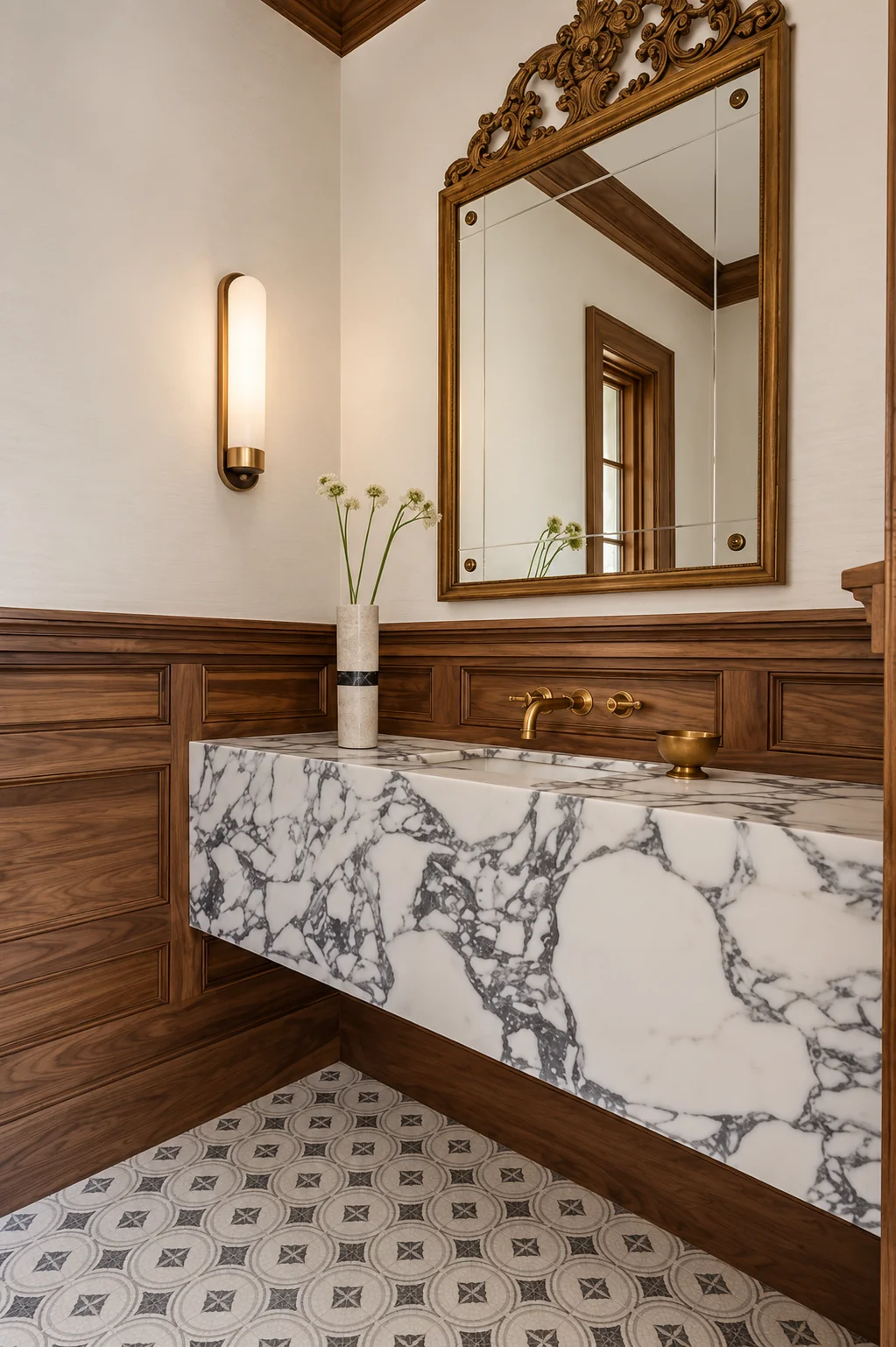 Powder room with walnut paneling and marble vanity in Haworth, NJ