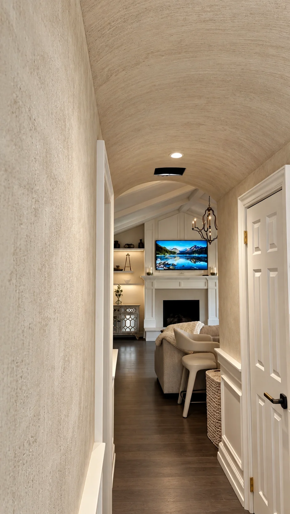 Travertine-look lime plaster barrel-vault ceiling and walls in a Franklin Lakes, NJ hallway looking toward the living room fireplace