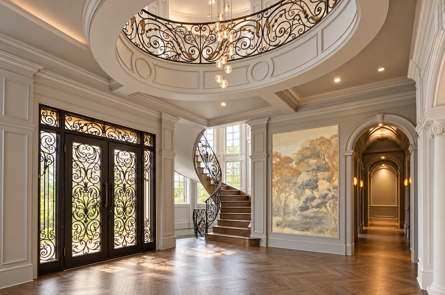 Grand foyer with a curved staircase and wood handrail