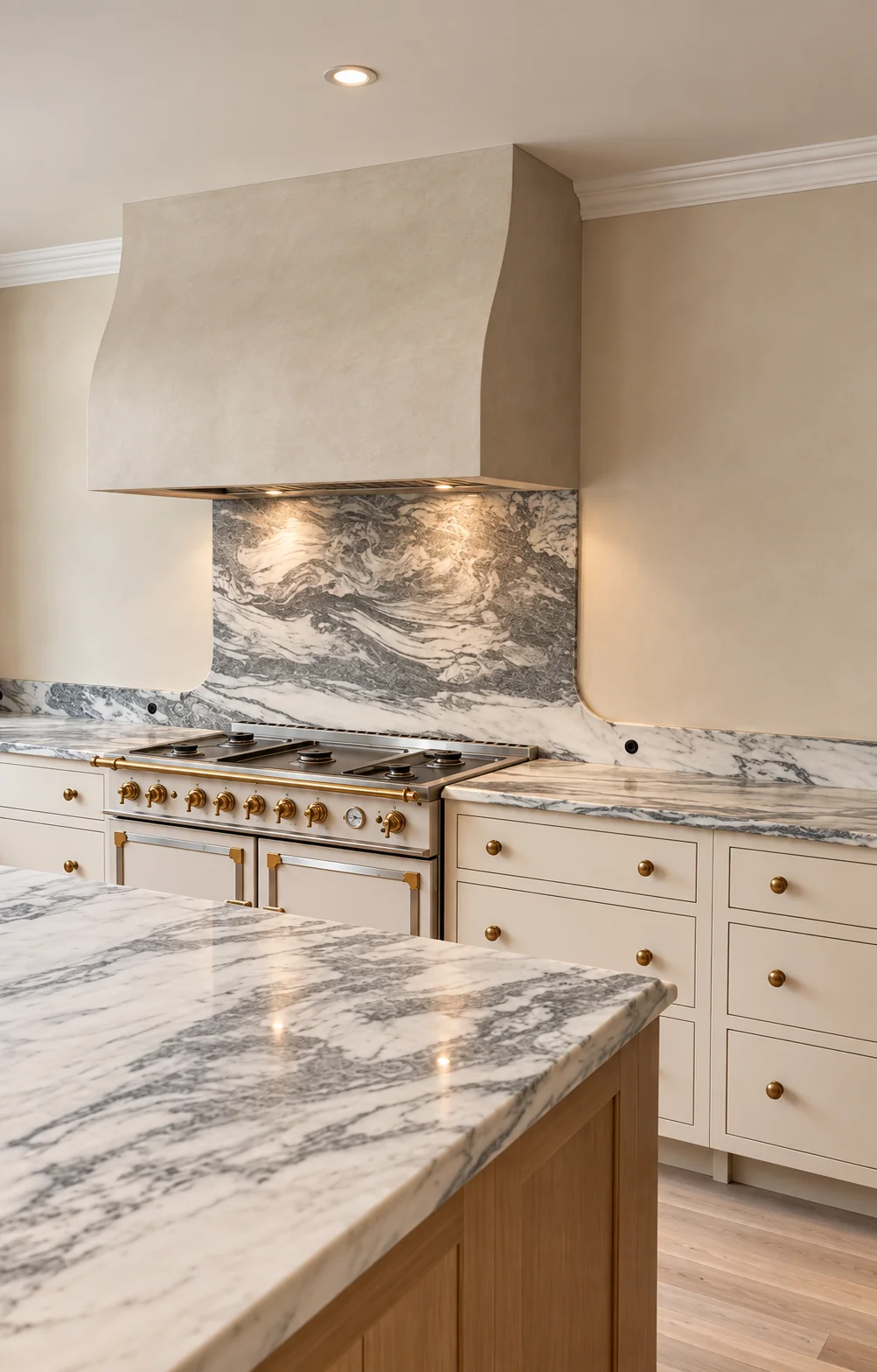 Curved plaster hood over a marble backsplash and range in Chatham, NJ