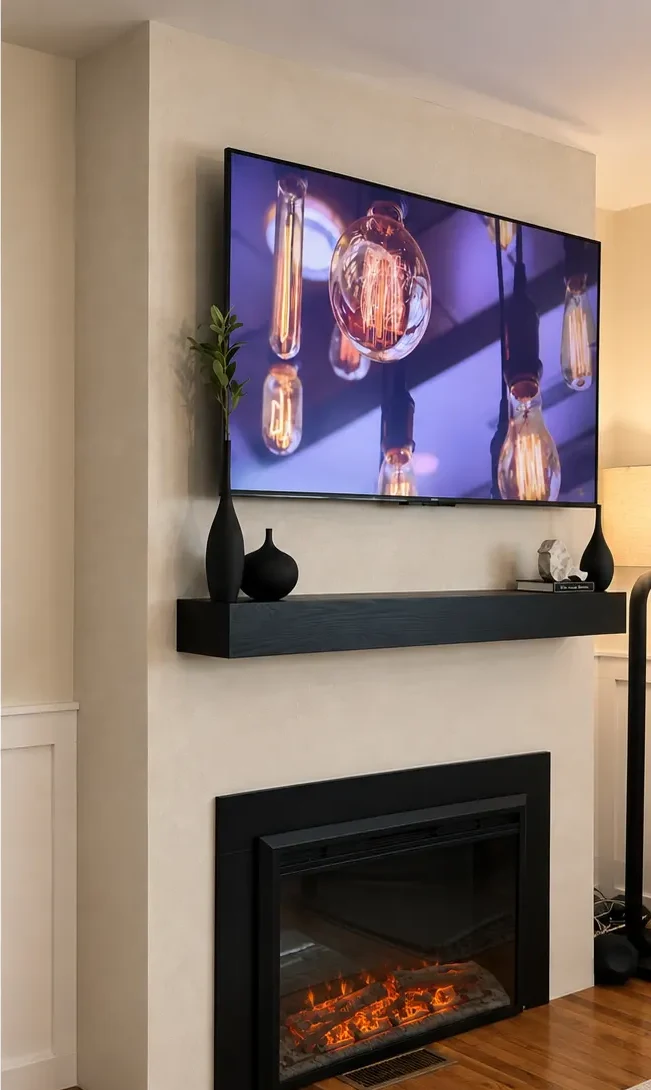 The same Cedar Grove, NJ fireplace finished in hand-applied lime plaster