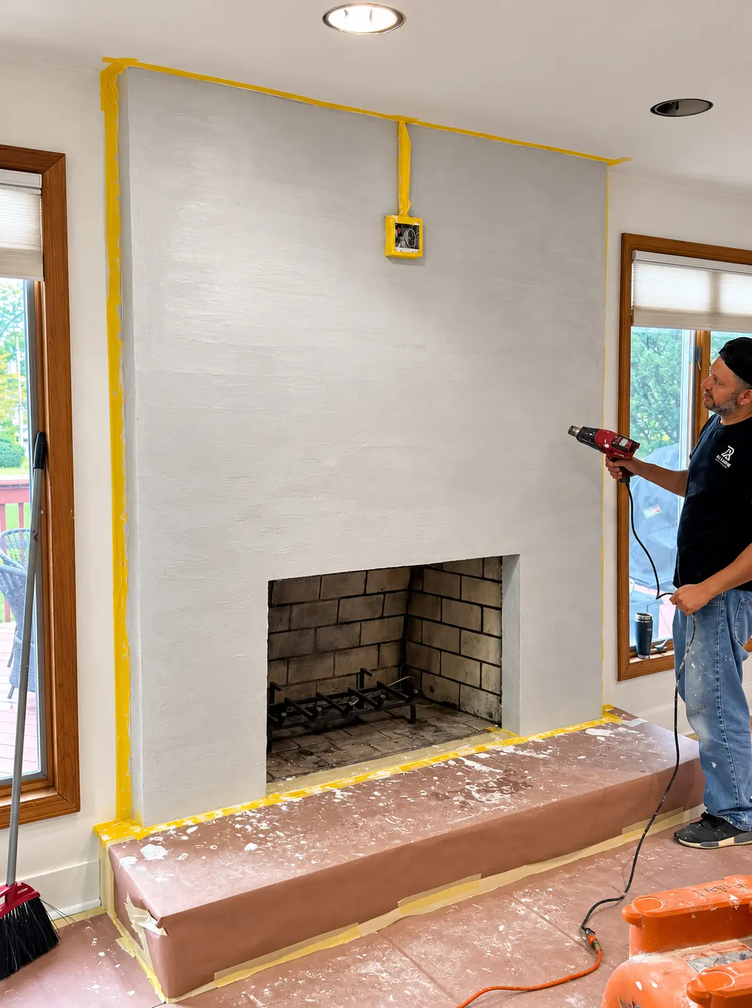 Brick fireplace filled and prepared for decorative plaster in Wayne New Jersey