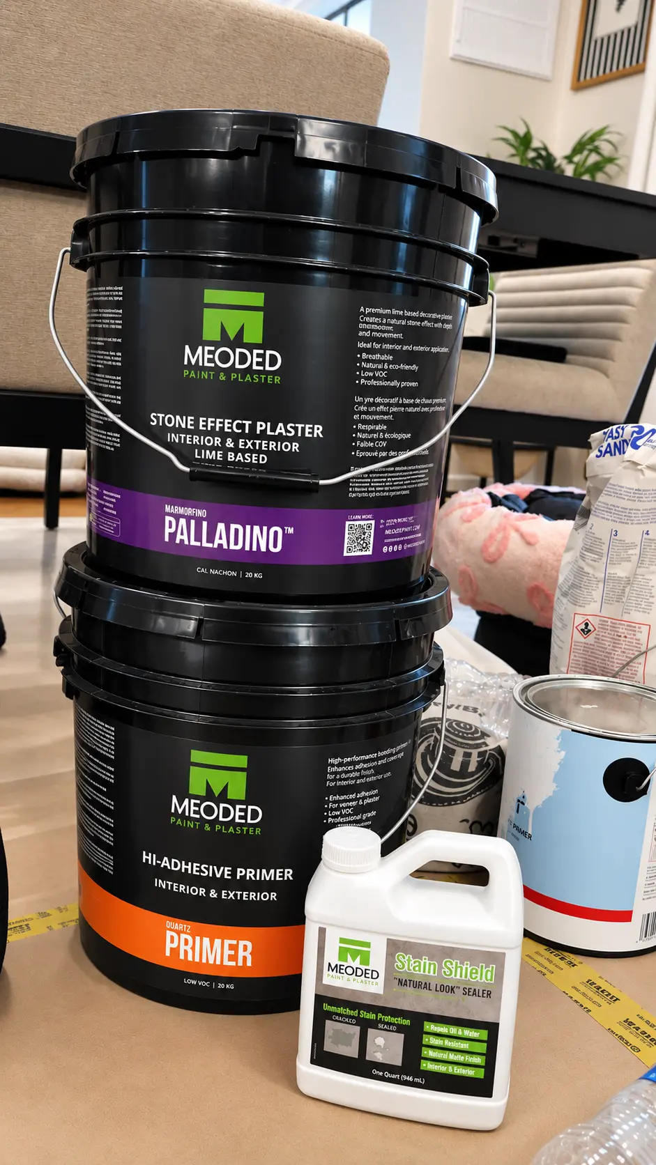 Meoded Palladino plaster and quartz primer products used on All Time Paint & Plaster fireplace projects