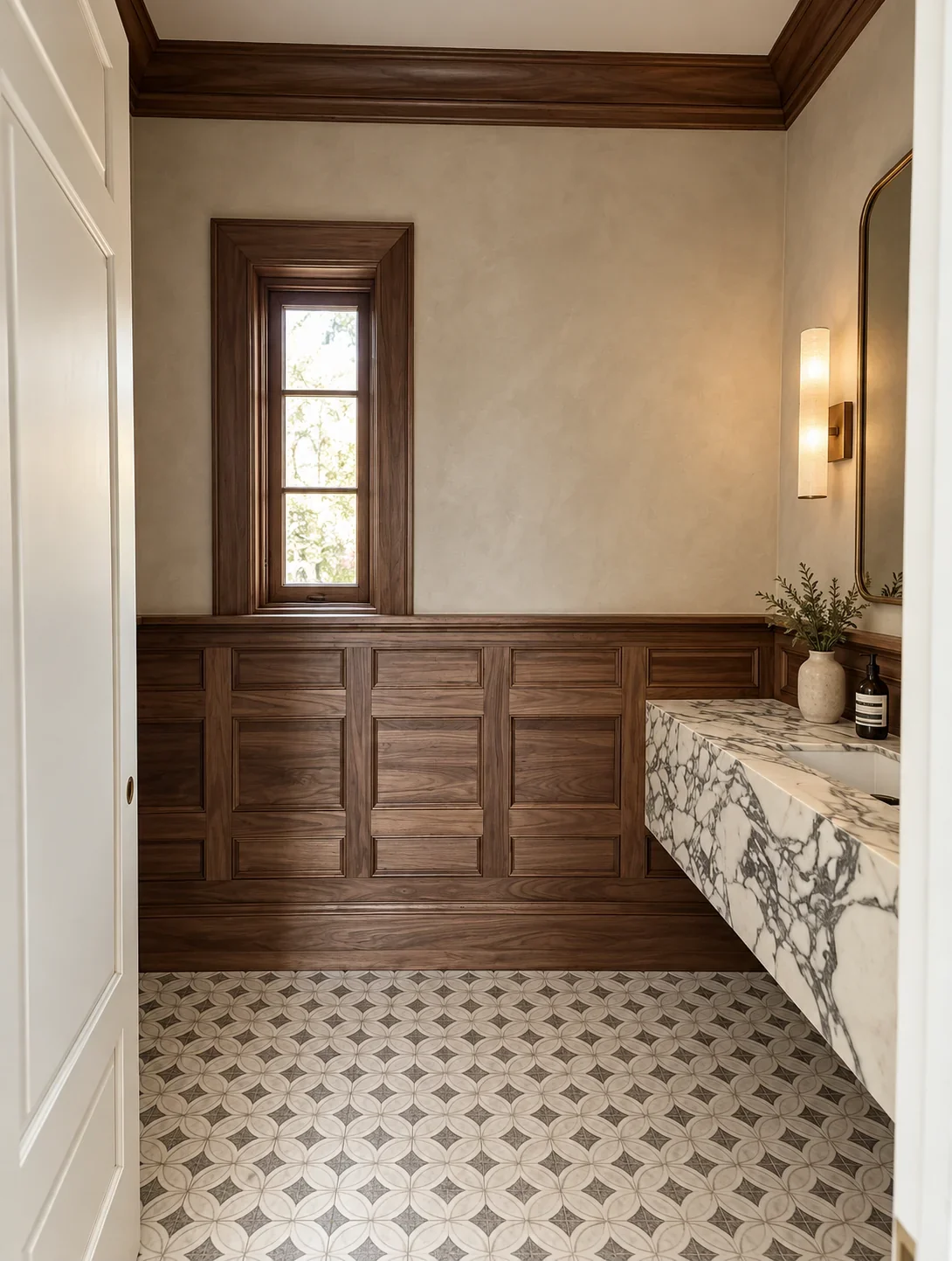 Warm taupe limewash walls above wood wainscoting in a powder room with a marble vanity