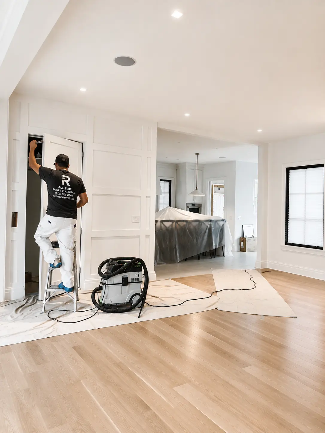 All Time Paint & Plaster painter finishing a door with floors and furniture protected