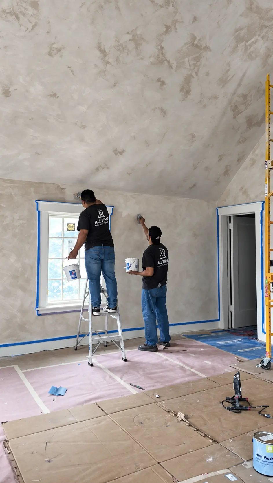 Two craftsmen hand applying limewash across the walls and vaulted ceiling of an interior room.
