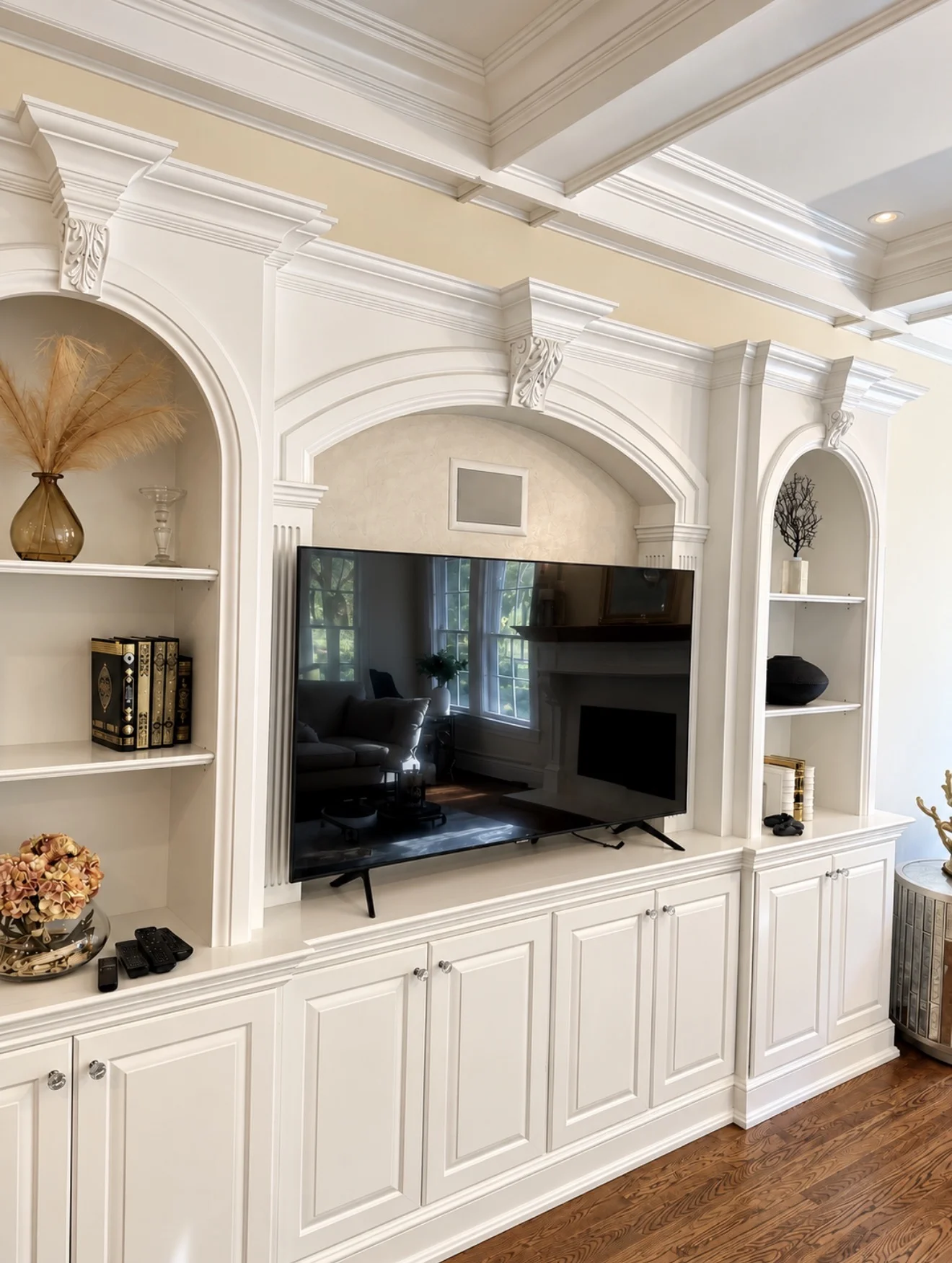 Built-in TV wall insert finished in Meoded Renaissance Venetian plaster, Franklin Lakes NJ living room