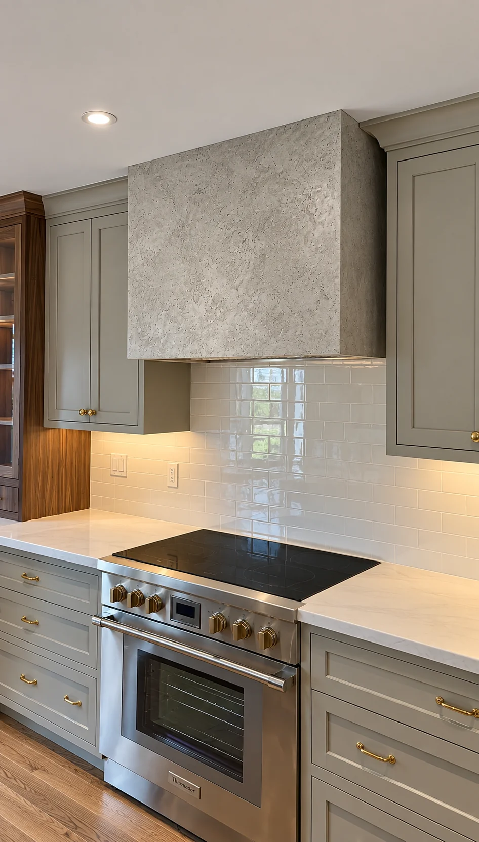 Textured stone-look microcement range hood above a white subway tile backsplash and sage green cabinetry