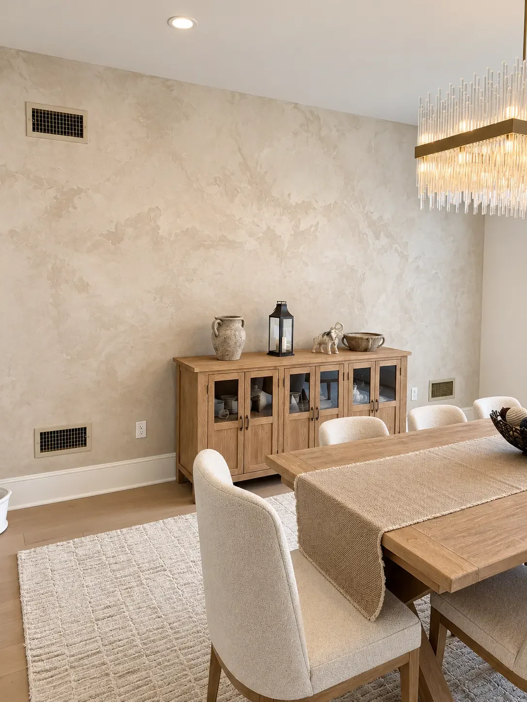 Finished Firenze sand finish accent wall in Swiss Coffee beside a dining table, oak sideboard and chandelier — Ridgewood, NJ