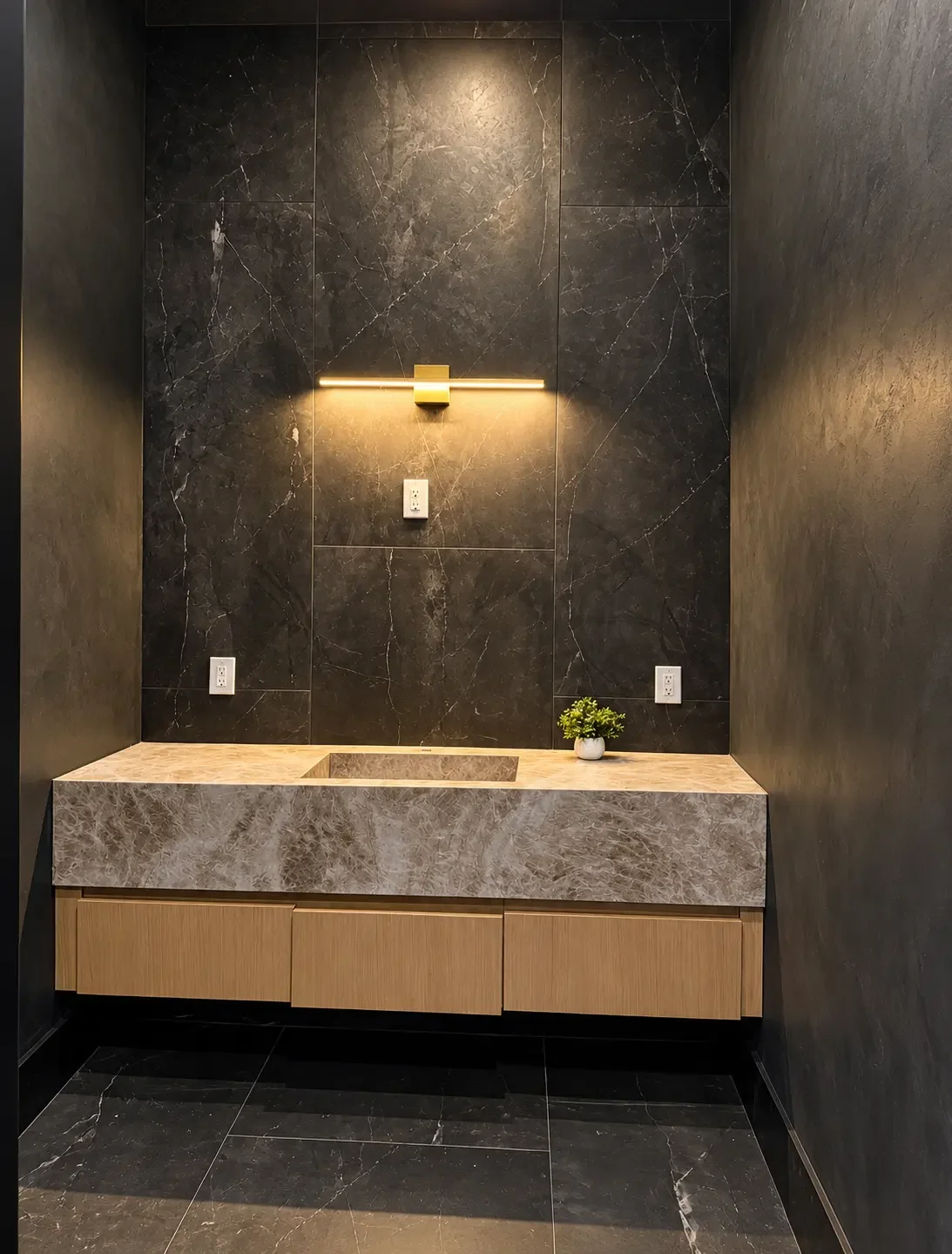 Dark textured plaster powder room with floating wood vanity in Paramus, NJ