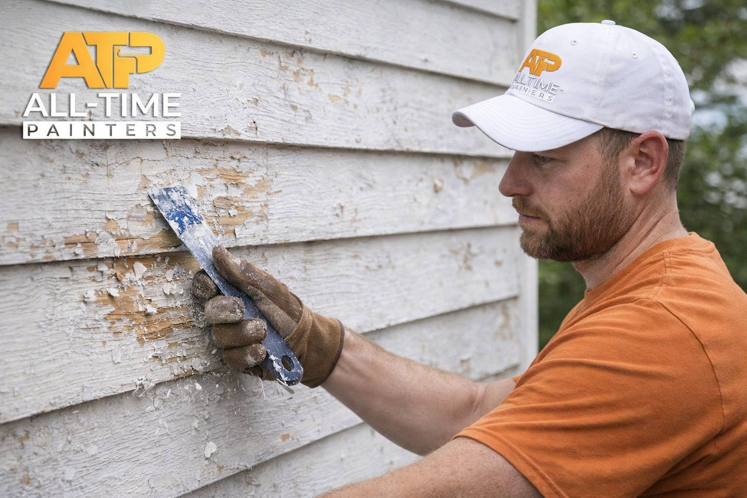 Painter scraping and prepping wood siding before exterior painting in NJ