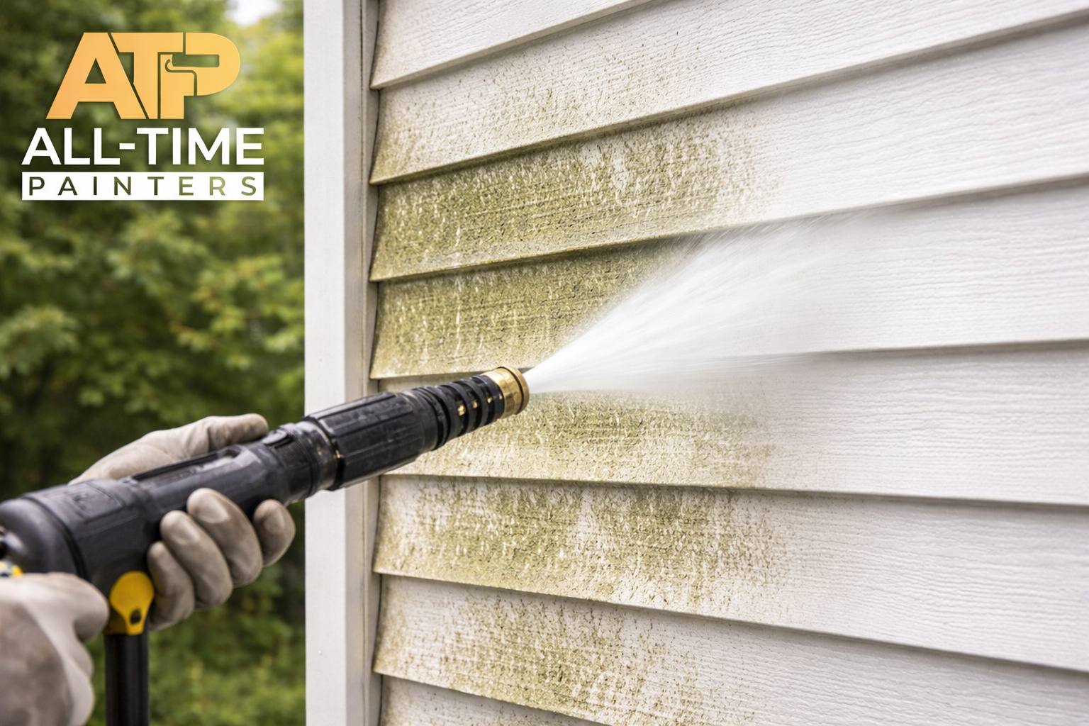 Close-up power washing house exterior before painting in New Jersey